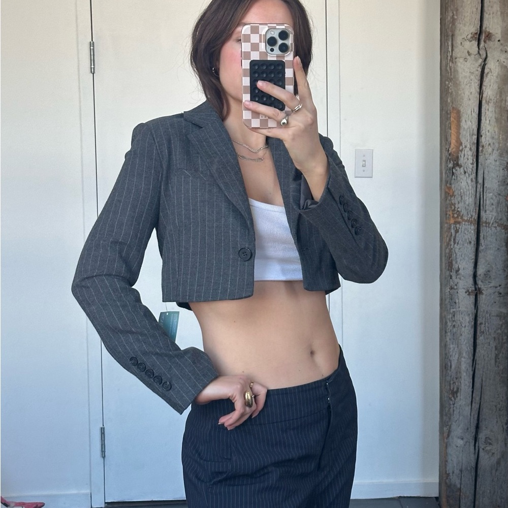 Dynamite Charcoal Pinstripe Cropped Blazer